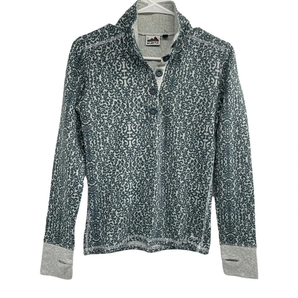 Kavu Women's Size S Lopez Long Sleeve Mock Neck Shirt Top Thumb Holes Button - Picture 3 of 11